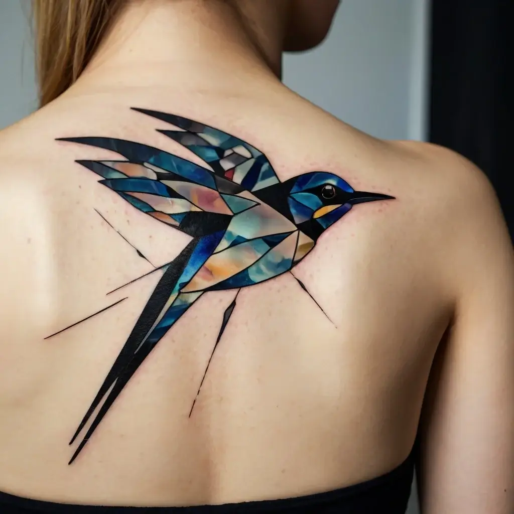 Geometric colorful swallow tattoo on back, with stained glass effect and sharp, angular shapes.