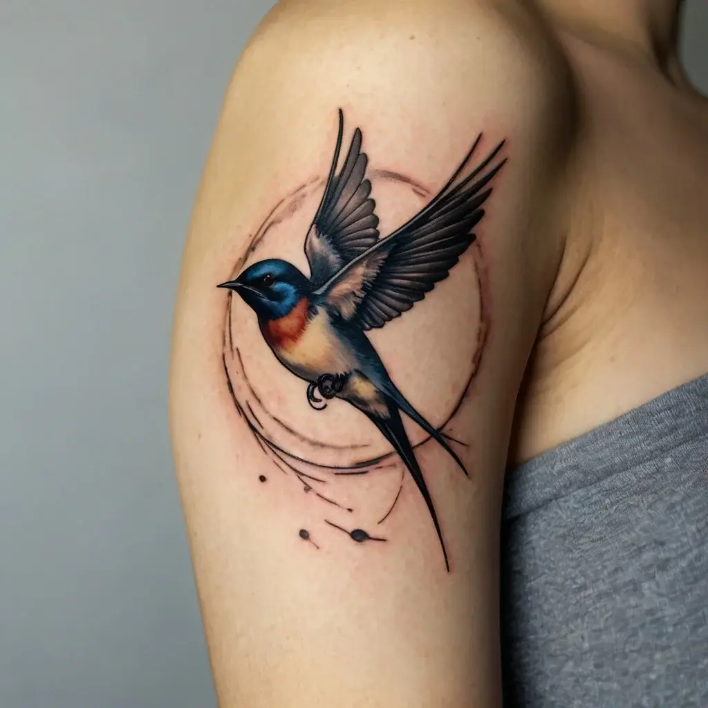 Realistic swallow tattoo with vibrant blues, oranges, and intricate linework, set against a circular background on the upper arm.