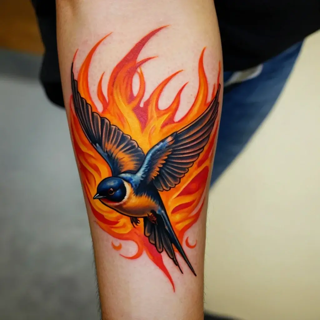 A vibrant tattoo of a swallow in flight surrounded by flames, symbolizing transformation and freedom.