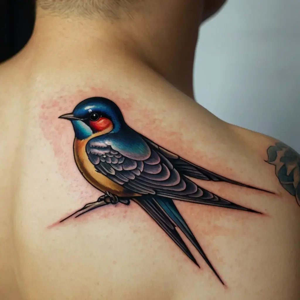 A vibrant swallow tattoo on the upper shoulder, featuring rich blue, red, and gold hues with intricate feather detailing.