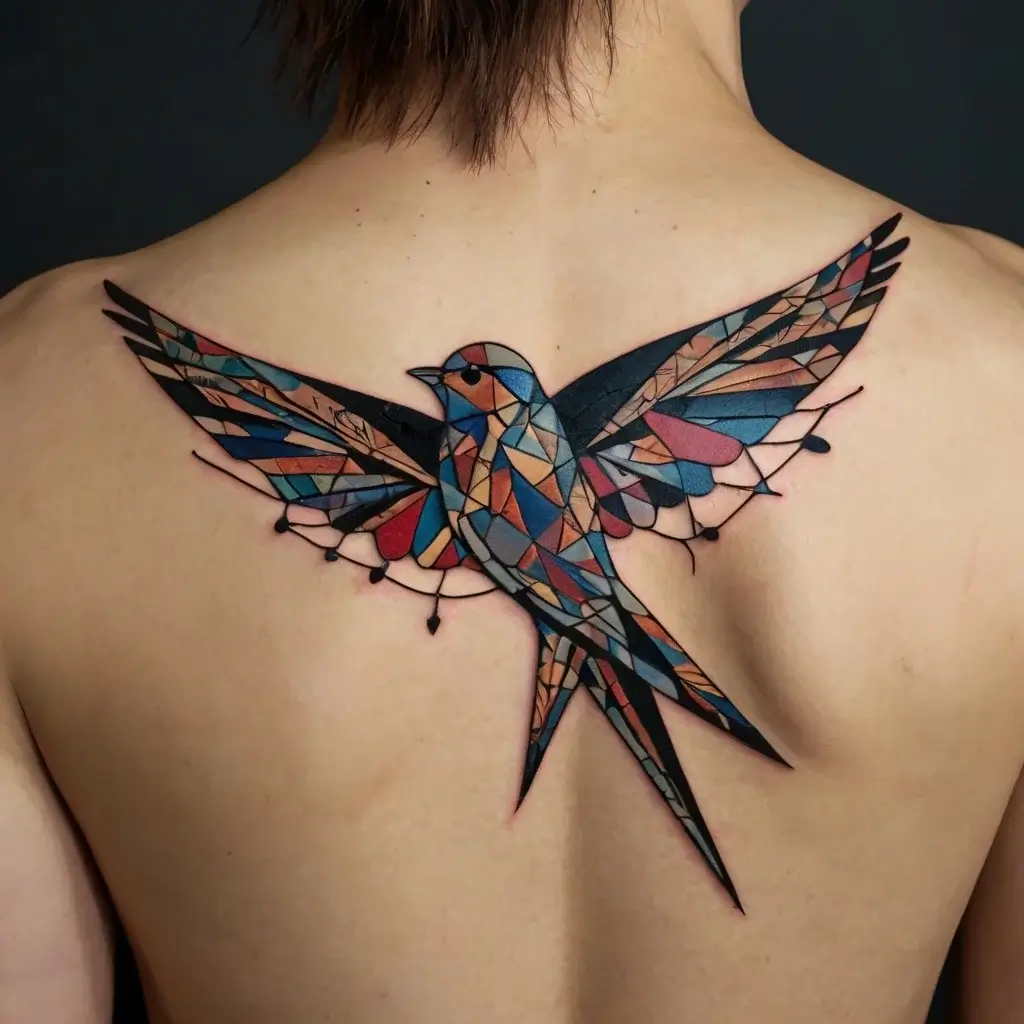 A geometric stained-glass style tattoo of a bird with vibrant colors and intricate patterns spread across the upper back.