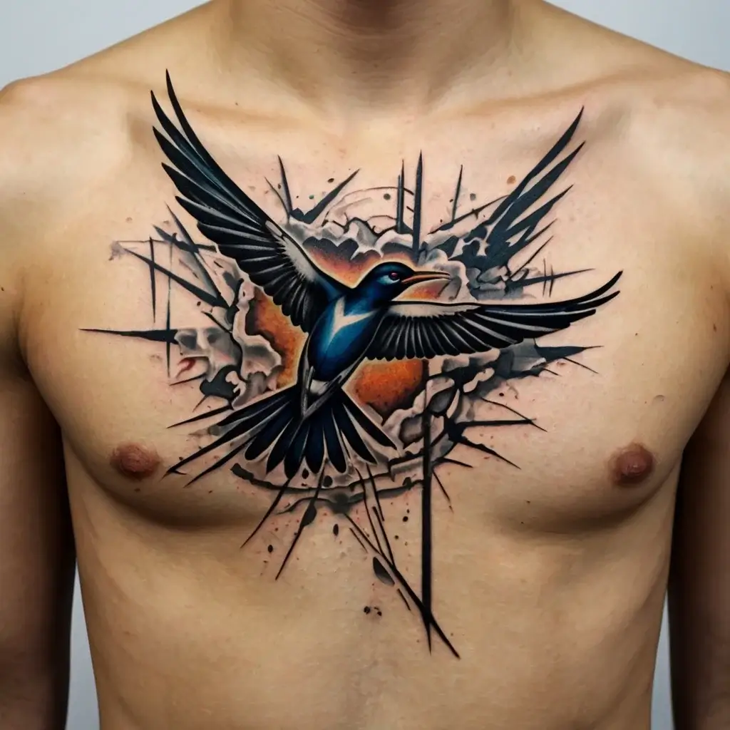 A vibrant bird with dynamic wings in blue-toned realism bursts through abstract geometric shapes on the chest.