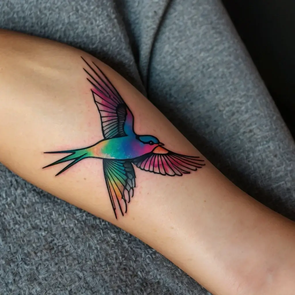 Colorful swallow tattoo with gradient wings in blue, green, and pink hues. Thin black outlines accentuate its dynamic form.