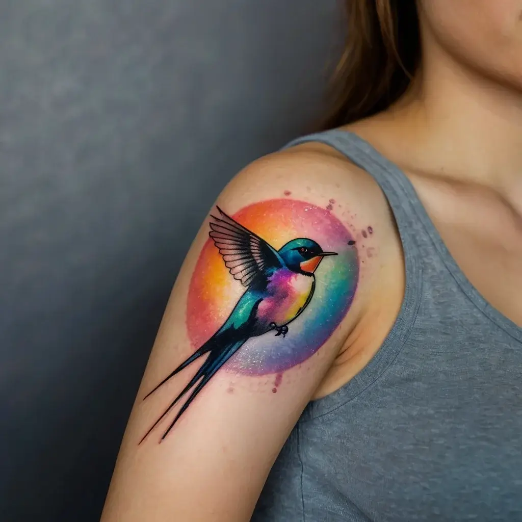 Colorful hummingbird tattoo with watercolor splash background on upper arm, showcasing vibrant blues, purples, and oranges.