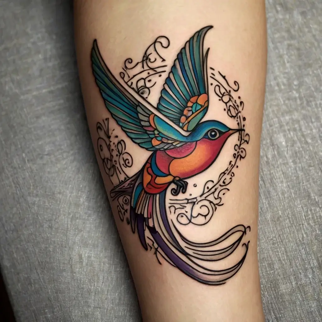 Colorful bird tattoo with wings spread, vibrant blues and oranges, framed by swirling ornamental designs.