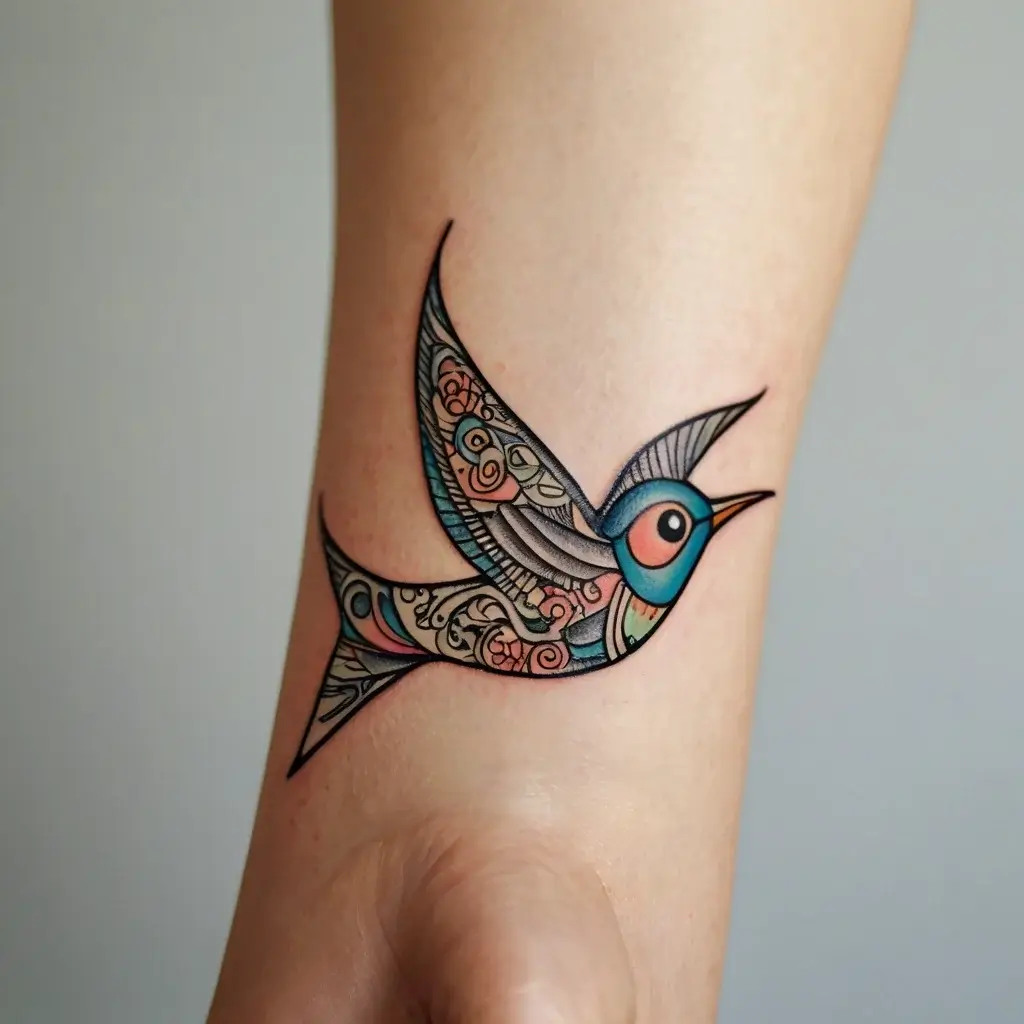 Stylized bird tattoo with intricate patterns in shades of blue, orange, and black lines on the forearm, symbolizing freedom.