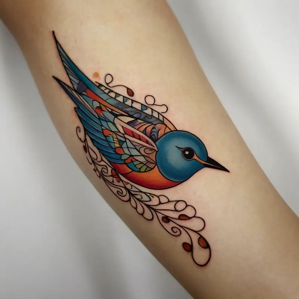 Stylized colorful bird with geometric patterns and swirls, featuring dynamic blues, oranges, and intricate linework.