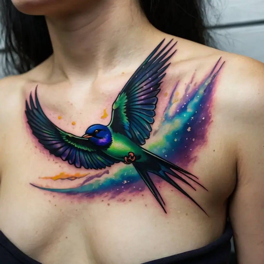 Colorful bird tattoo on chest, with vivid wings and cosmic background, blending purple, blue, and green hues seamlessly.