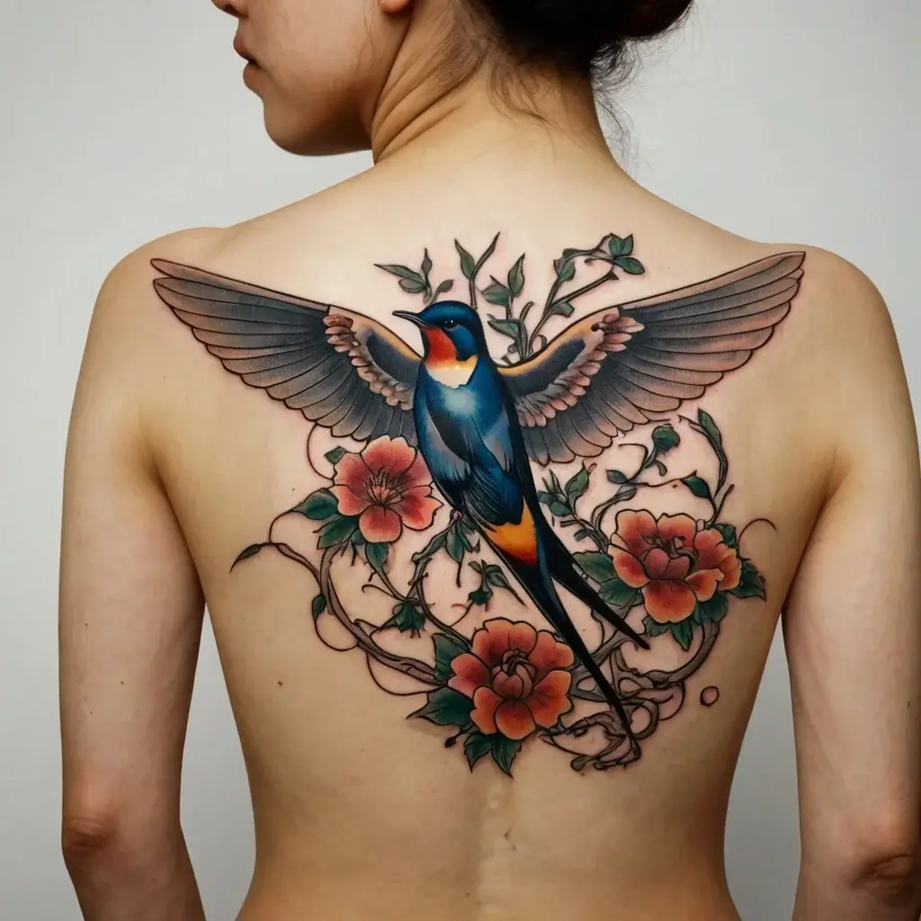 A vibrant back tattoo depicting a detailed swallow with wide-spread wings, entwined with red flowers and green vines.