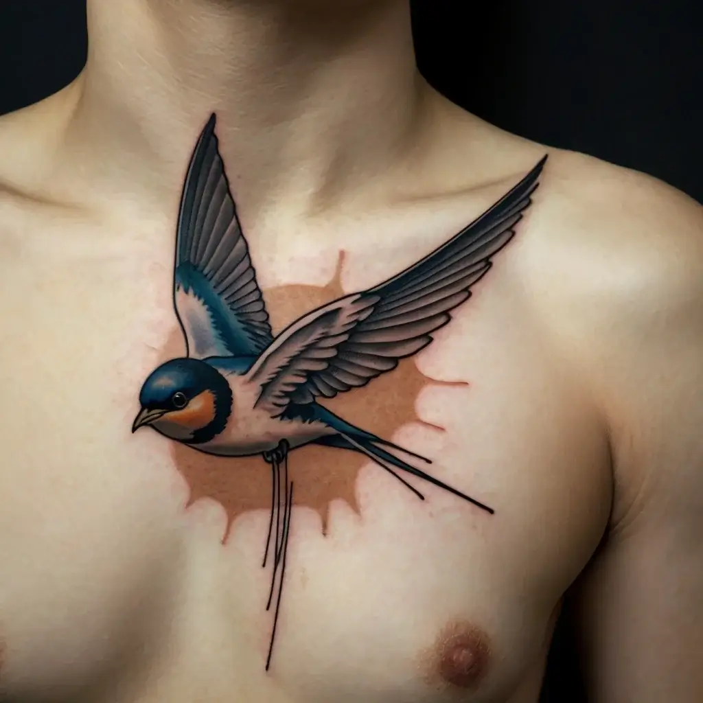 Tattoo of a swallow in flight on a chest, with blue wings and an orange background splash.