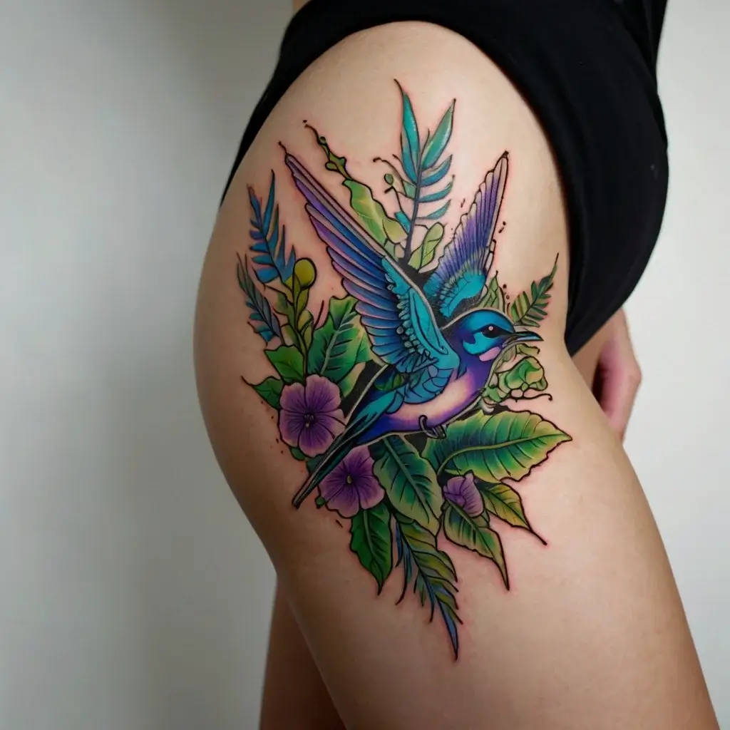 A vibrant blue bird with spread wings, surrounded by lush green leaves and purple flowers, elegantly adorns the upper thigh.