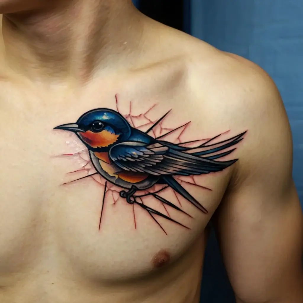 Tattoo of a colorful swallow with blue and orange hues, wings outstretched, surrounded by cracked glass effect.