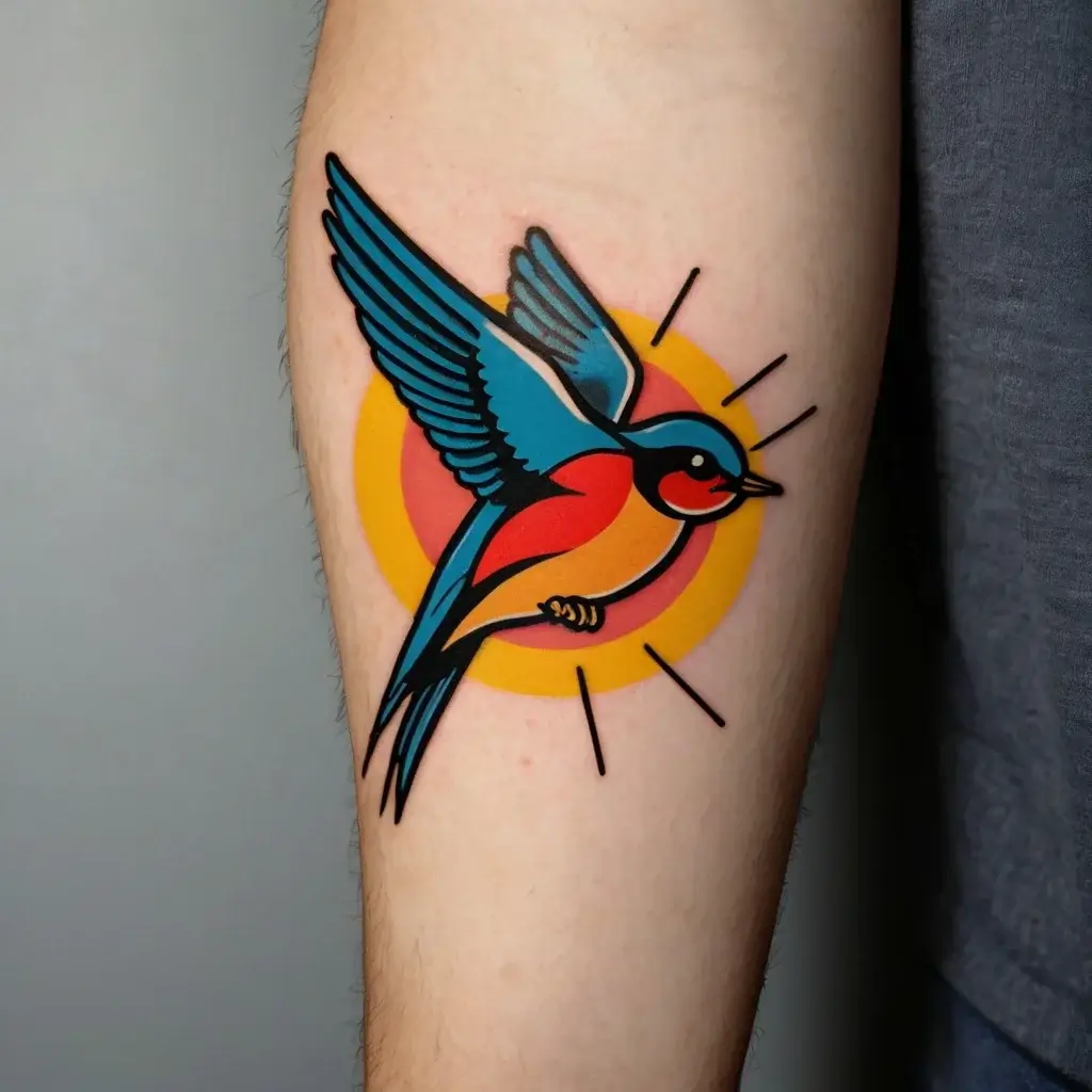 Tattoo of a vibrant-colored swallow in flight against a stylized orange and yellow sunburst on the forearm.