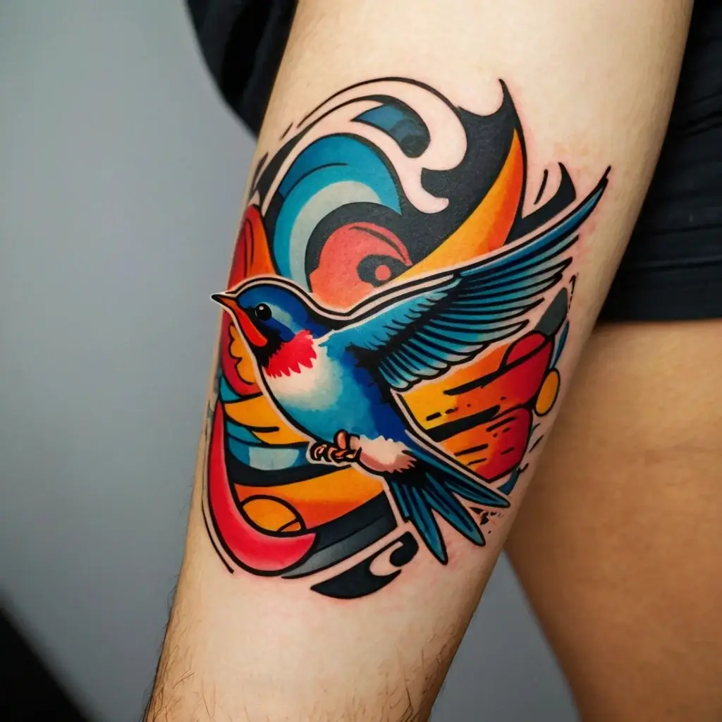 A colorful swallow tattoo, featuring bold blues, reds, and yellows, with abstract swirls creating a vibrant background.