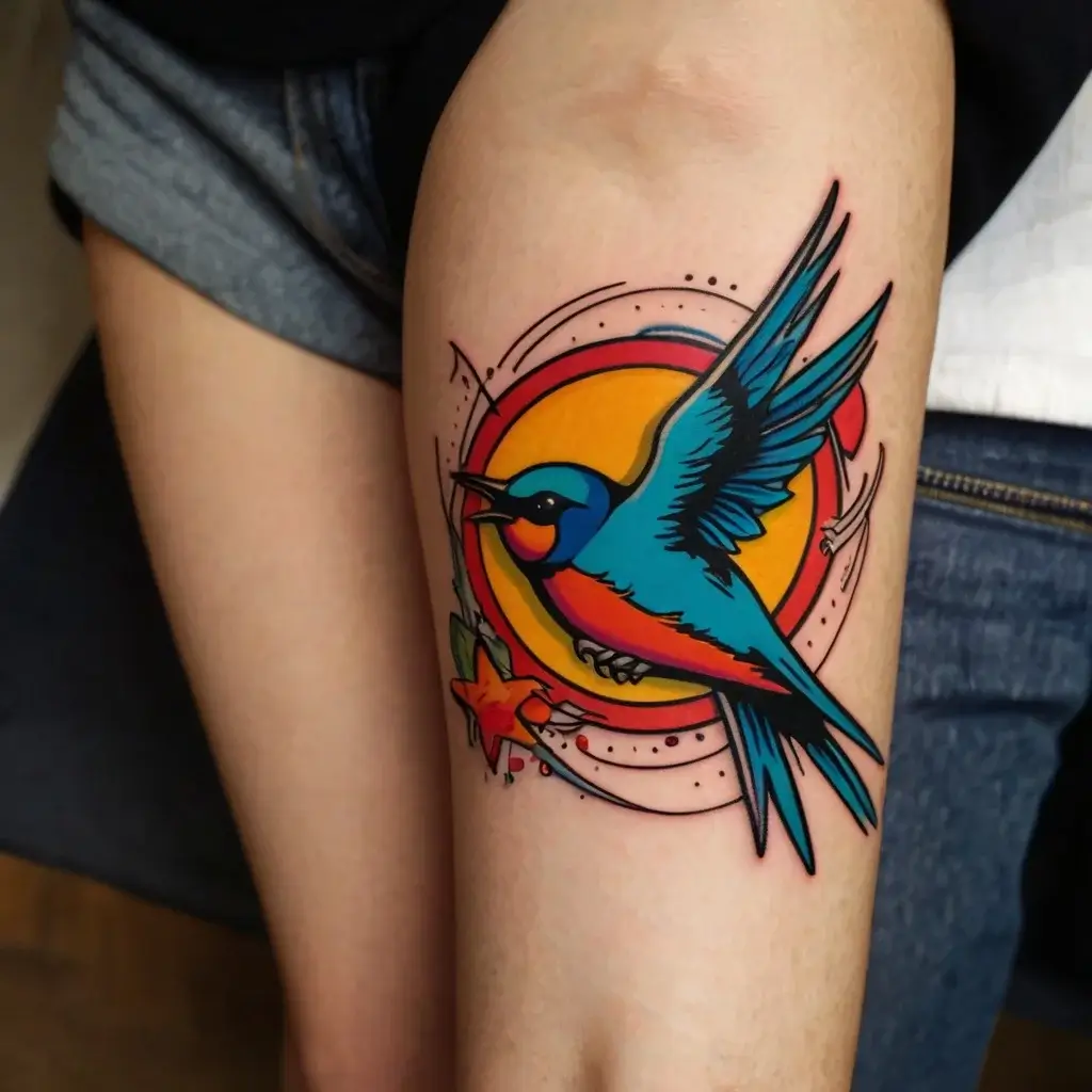 Stylized blue and red bird in flight with a vibrant sun background, surrounded by abstract lines on an arm.