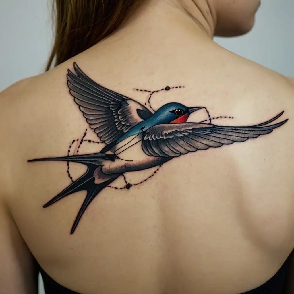 A vibrant tattoo of a swallow in flight, with blue, red, and detailed wings, overlaying dotted compass elements on the back.