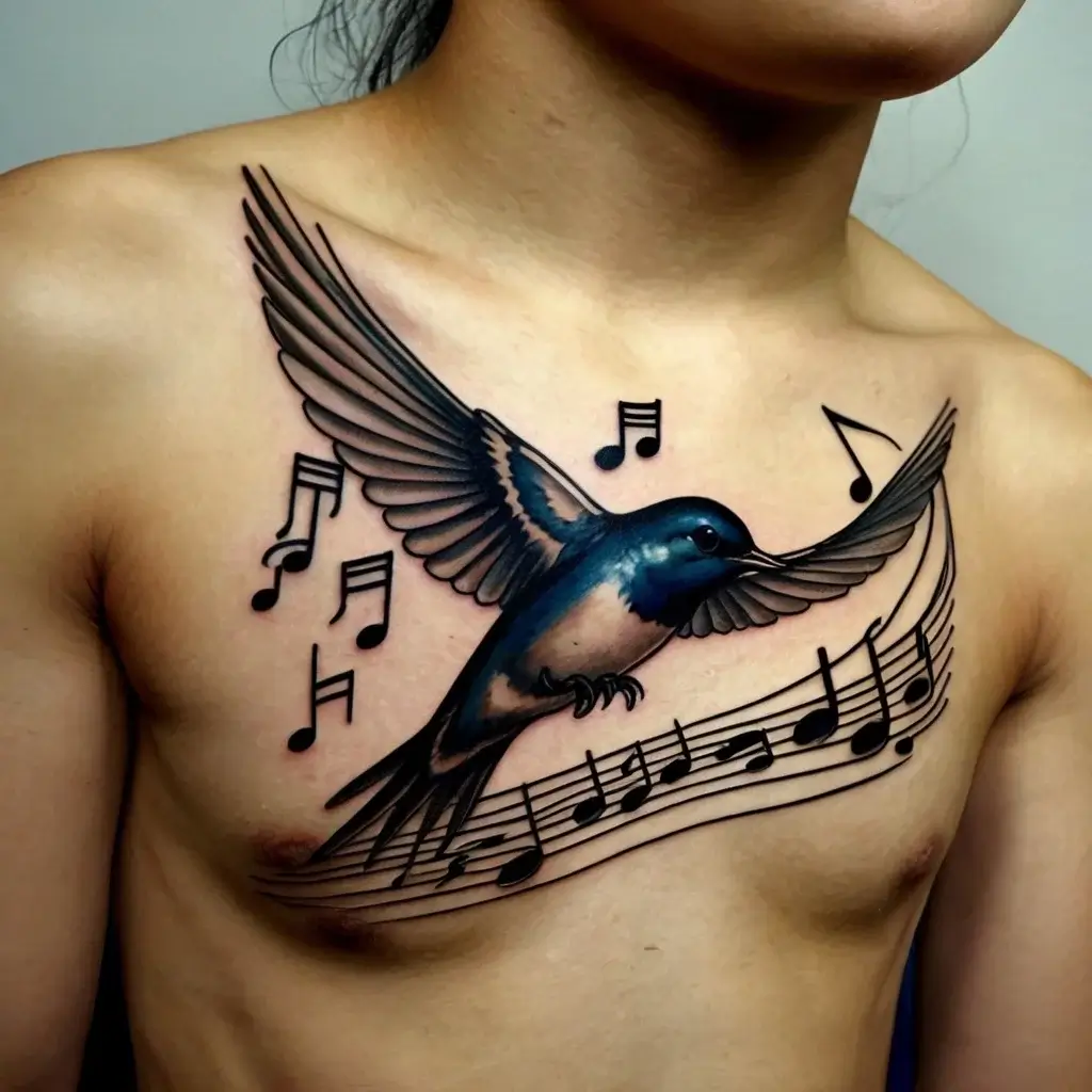 Tattoo of a blue bird in flight across chest, surrounded by musical notes and staff lines, symbolizing freedom and harmony.