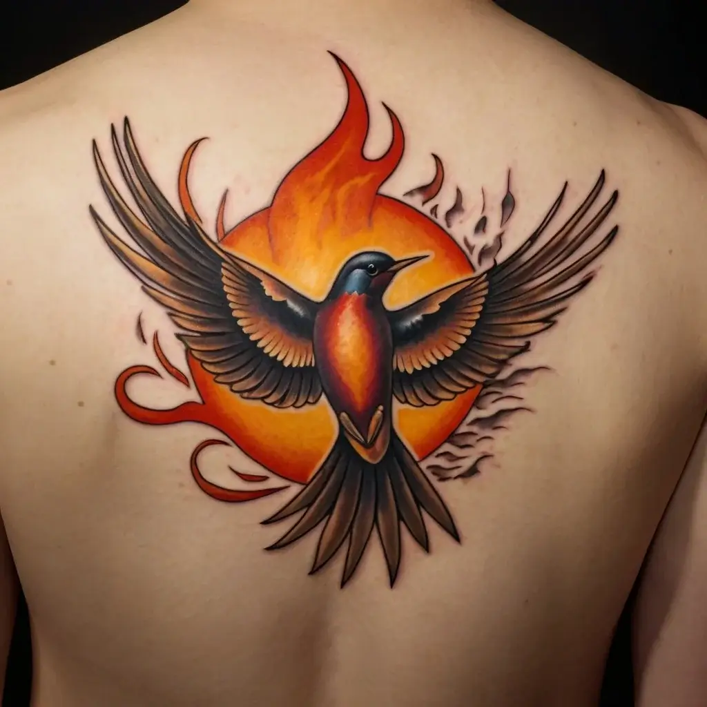 Tattoo of a vibrant phoenix in mid-flight, with bold flames and a sunburst background, symbolizing rebirth and strength.