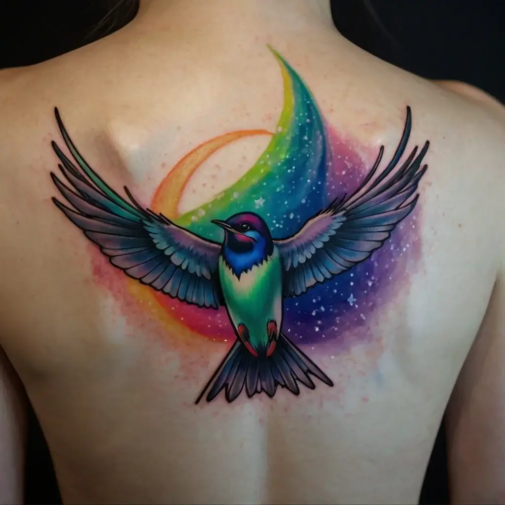 A vibrant hummingbird tattoo with outstretched wings in front of a rainbow crescent moon and starry background on upper back.