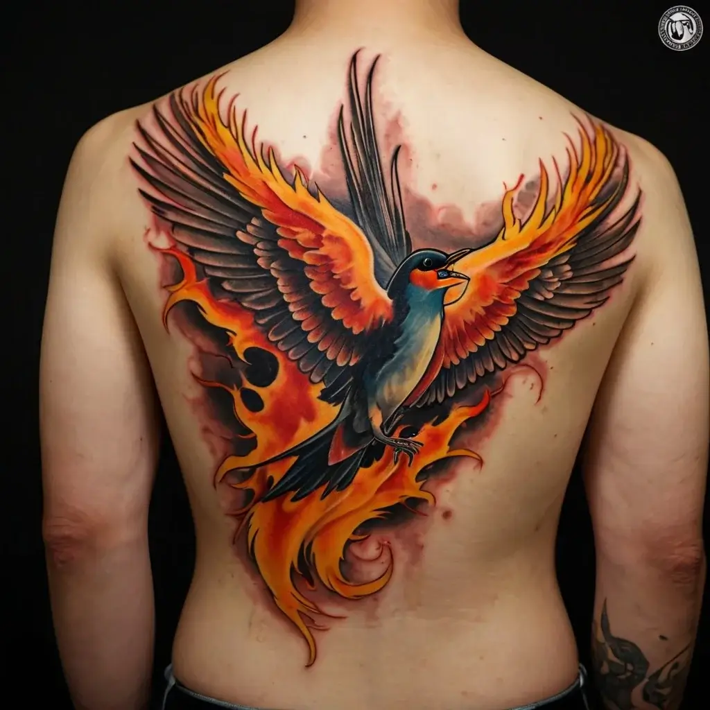 A vibrant back tattoo featuring a swallow with spread wings emerging from flames, symbolizing transformation and freedom.