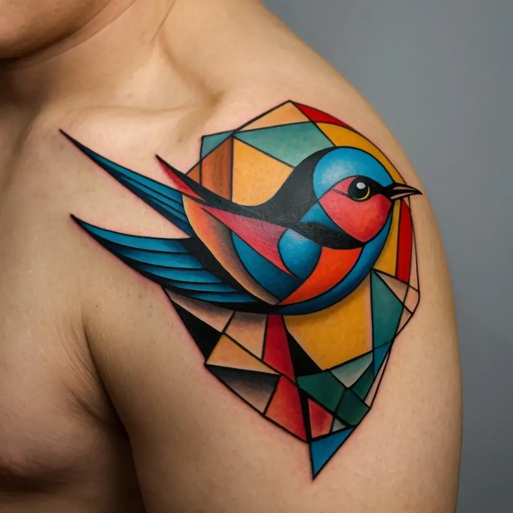 Geometric tattoo of a colorful bird, blending blue, orange, and red shapes on the shoulder, in a stained glass style.