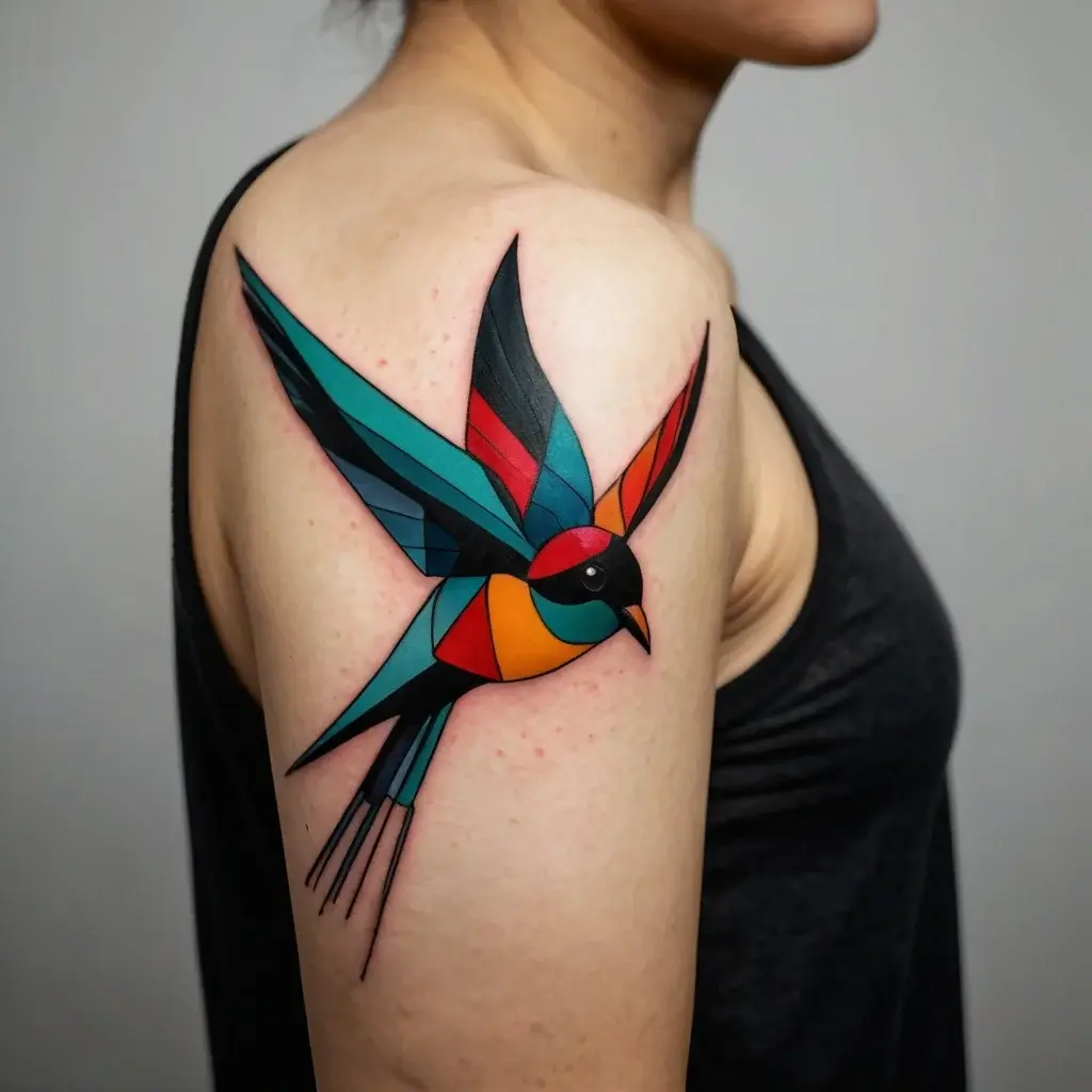 Geometric swallow tattoo on upper arm in bold red, blue, orange, and black, symbolizing freedom and transformation.