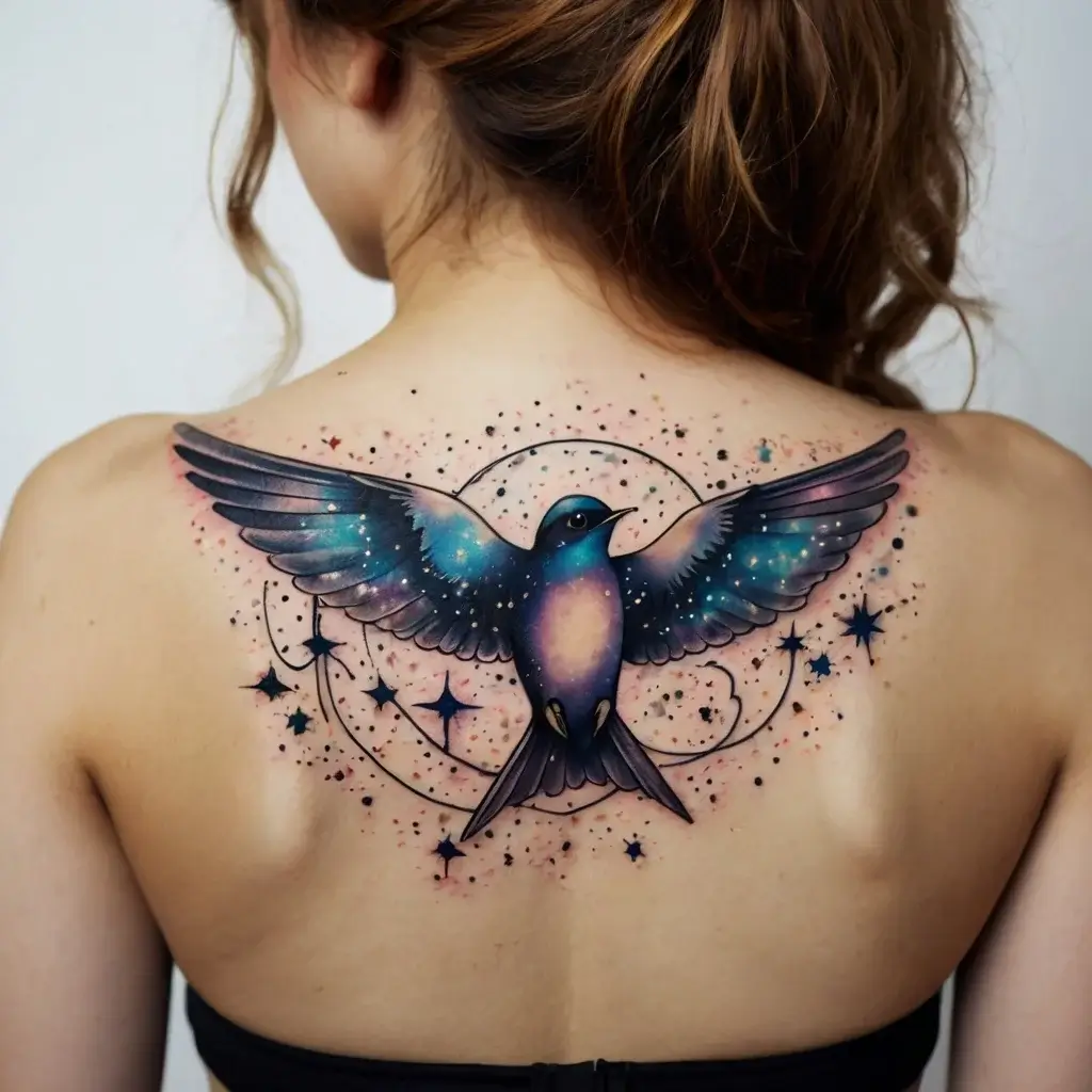 Tattoo of a cosmic-themed bird in flight with galaxy hues and star accents, centered between shoulder blades.