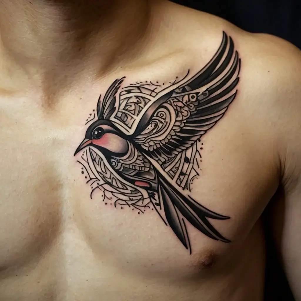 Tattoo of a bird with intricate tribal patterns and geometric shapes, in black and gray with red accents, on the chest.