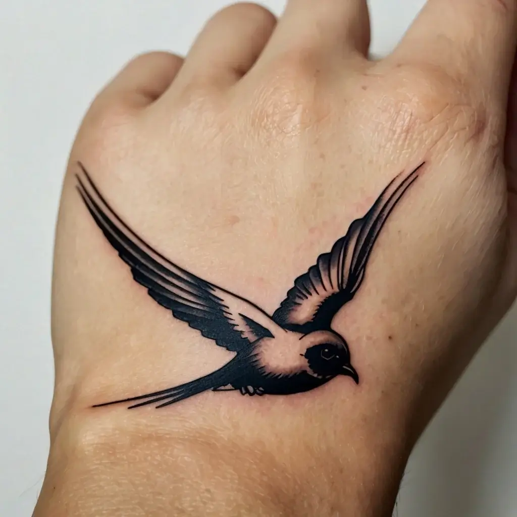 Tattoo of a stylized swallow in flight on the hand, showcasing bold black lines and smooth shading for dynamic movement.