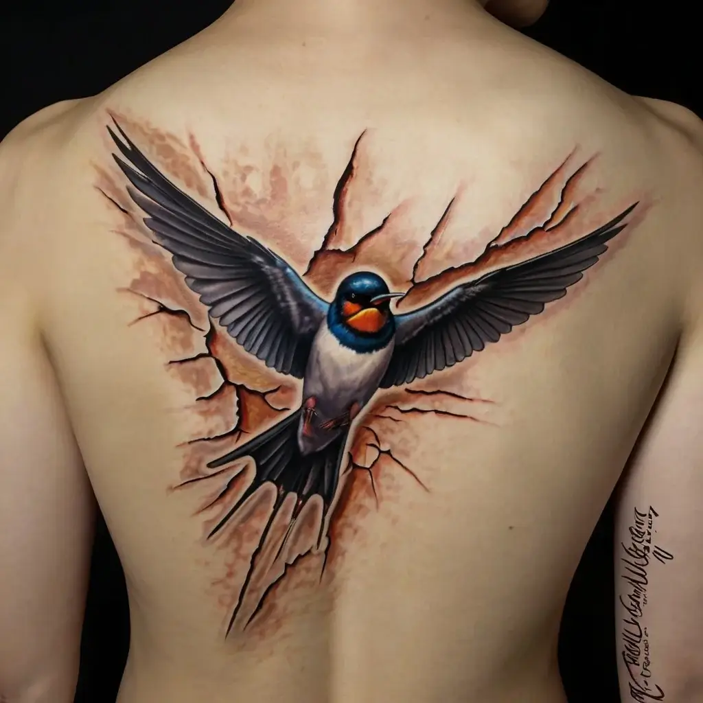 3D tattoo of a swallow breaking through the skin, symbolizing freedom and resilience, with detailed shading and vibrant colors.