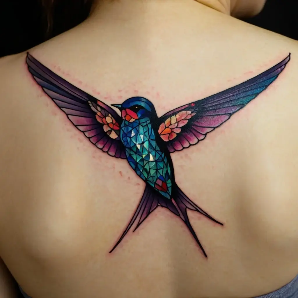 Geometric stained glass hummingbird tattoo with vibrant blue, green, and purple hues, wings spread across upper back.