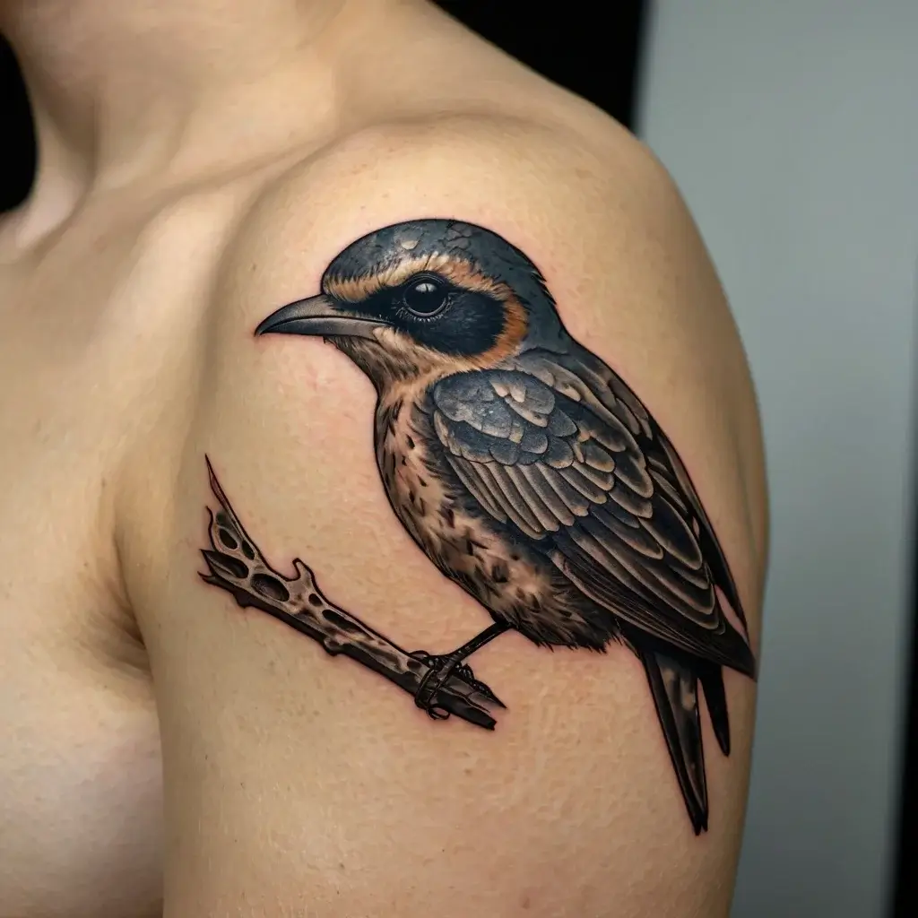 Realistic bird tattoo on shoulder, showcasing a detailed bird perched on a branch, with rich shading and natural colors.