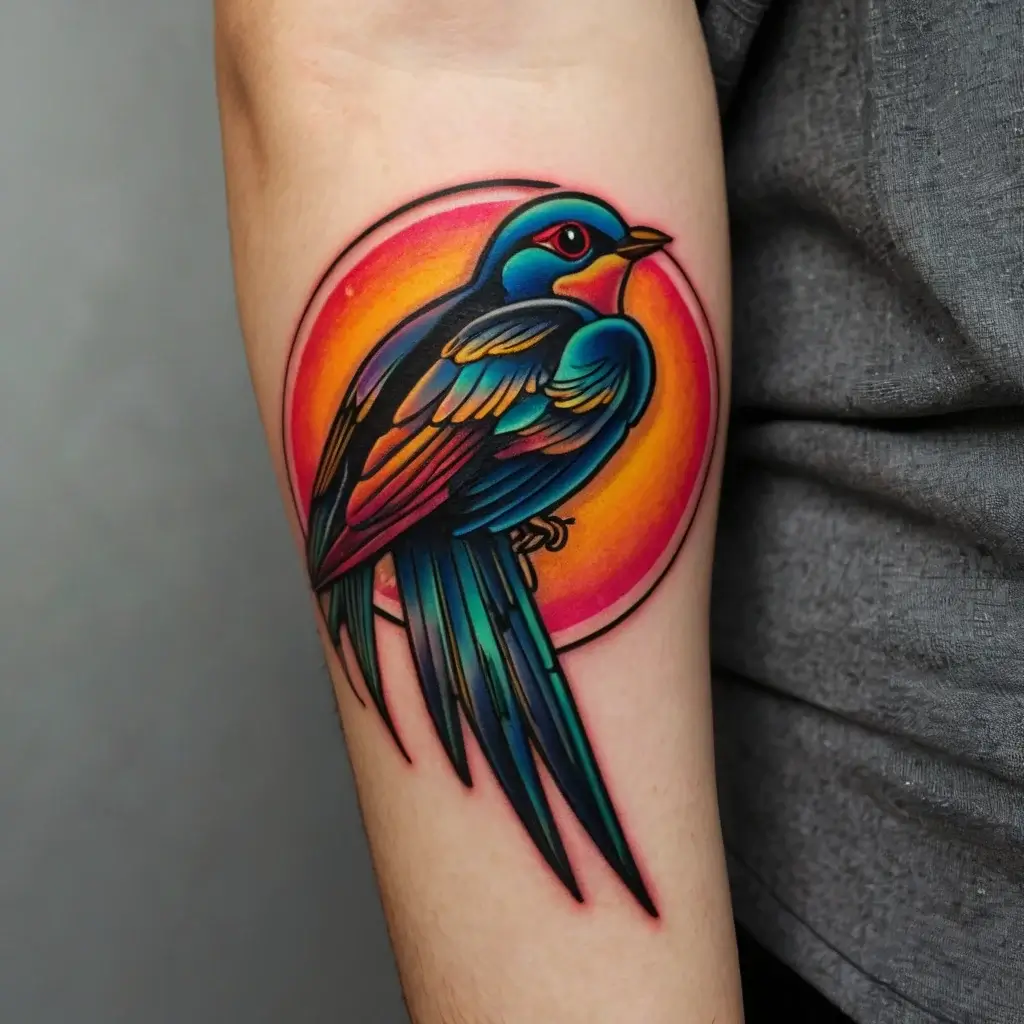 Vibrant bird tattoo with rich blues and teals against a sunset-orange circle, capturing movement and energy.