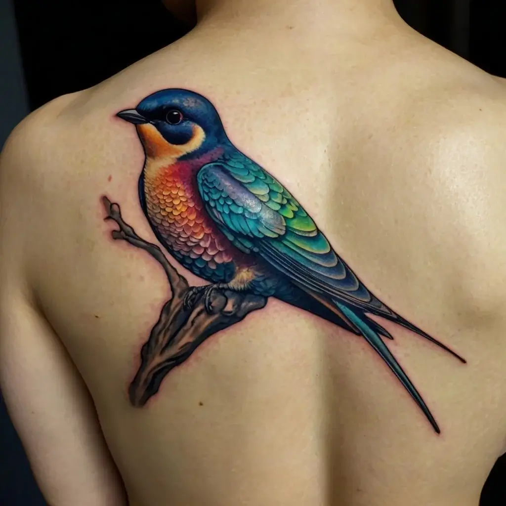 Tattoo of a colorful bird perched on a branch, with vibrant blues, greens, and oranges, detailed and lifelike on the back.