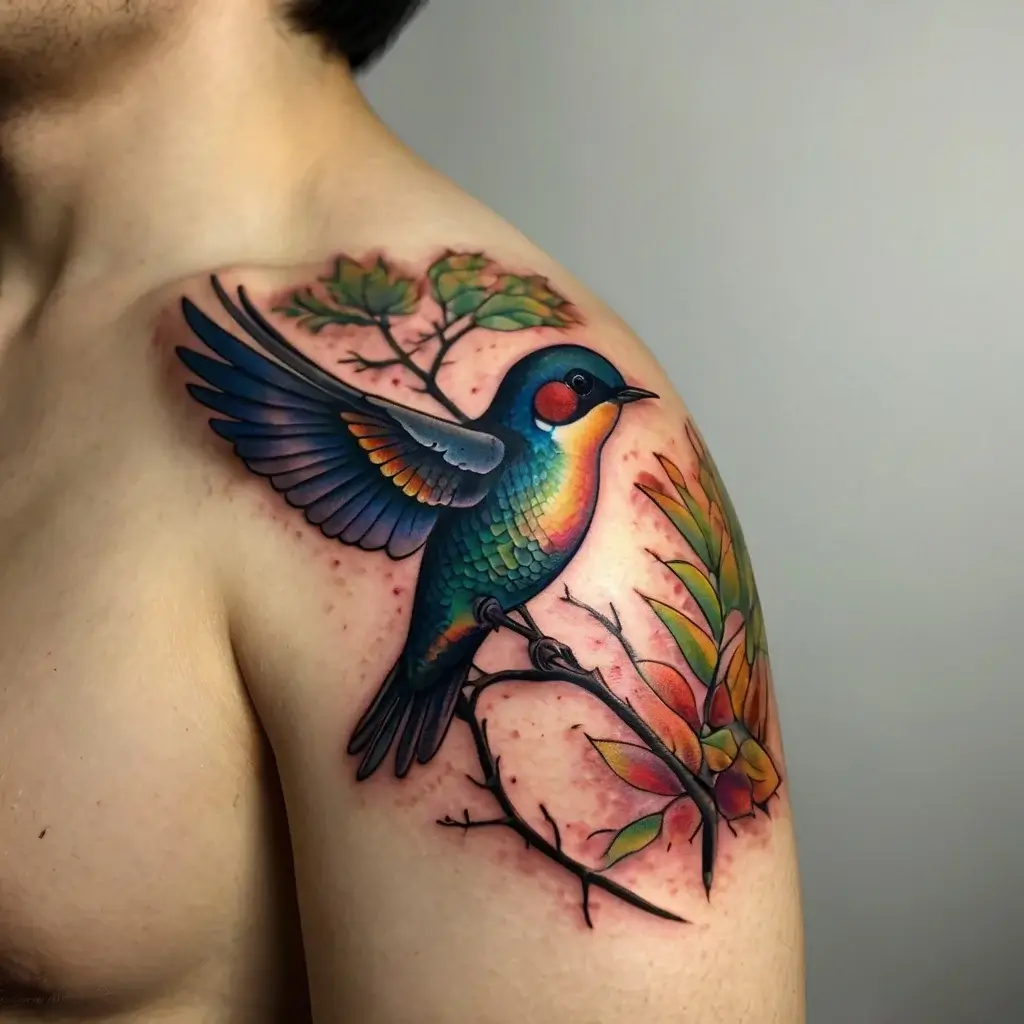 Colorful bird tattoo on shoulder with vibrant wings on branches, surrounded by green leaves, embodying nature's beauty.