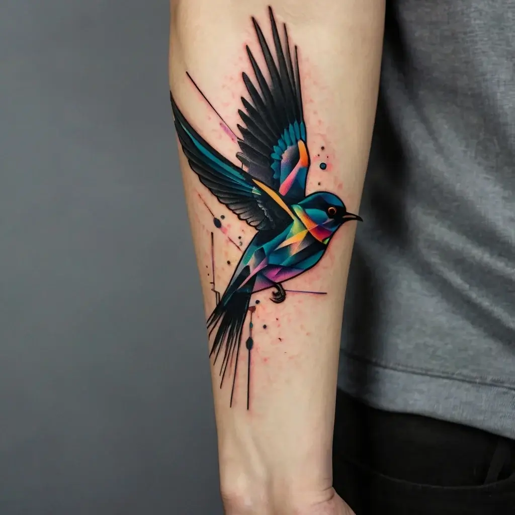 Geometric bird tattoo with vibrant colors, featuring angular lines and splatter effects on a forearm.