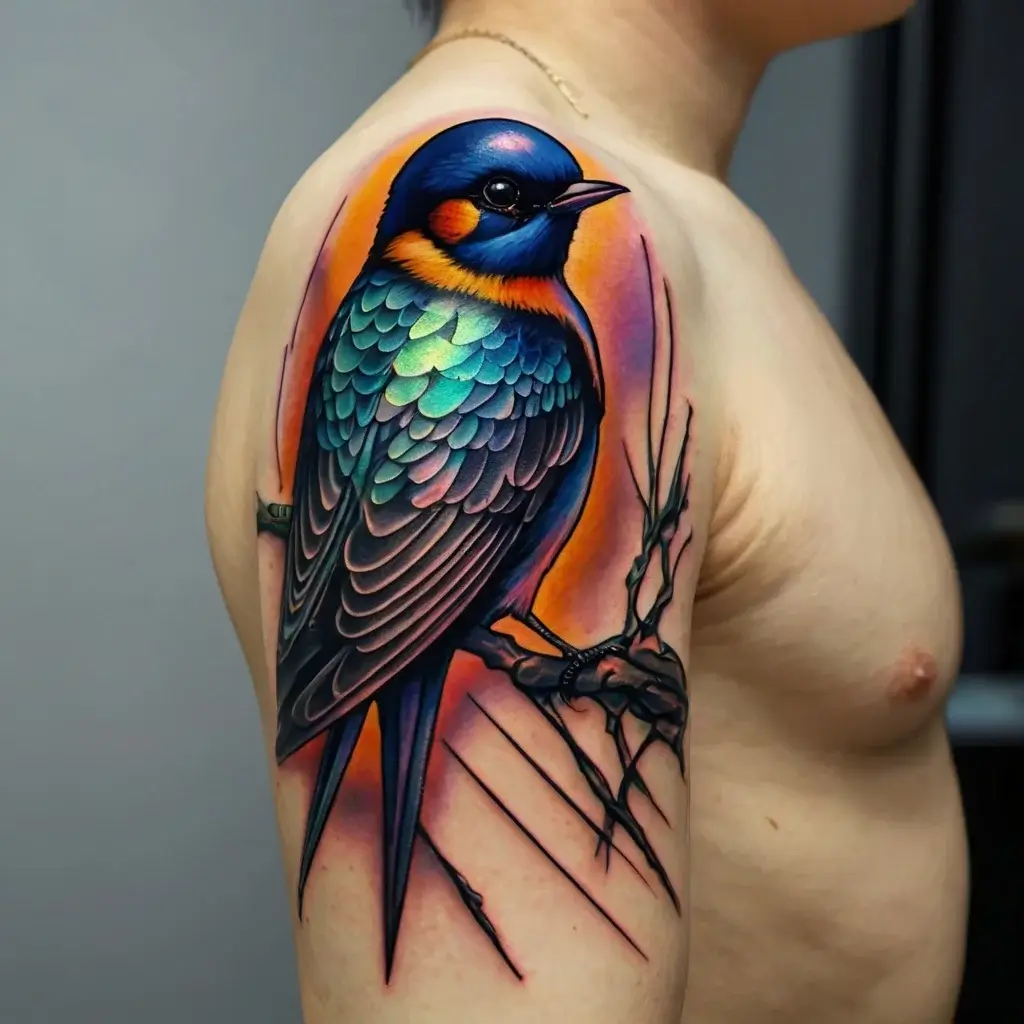 Colorful blue and orange bird tattoo on the shoulder, detailed feathers, perched on a branch with a vivid orange background.