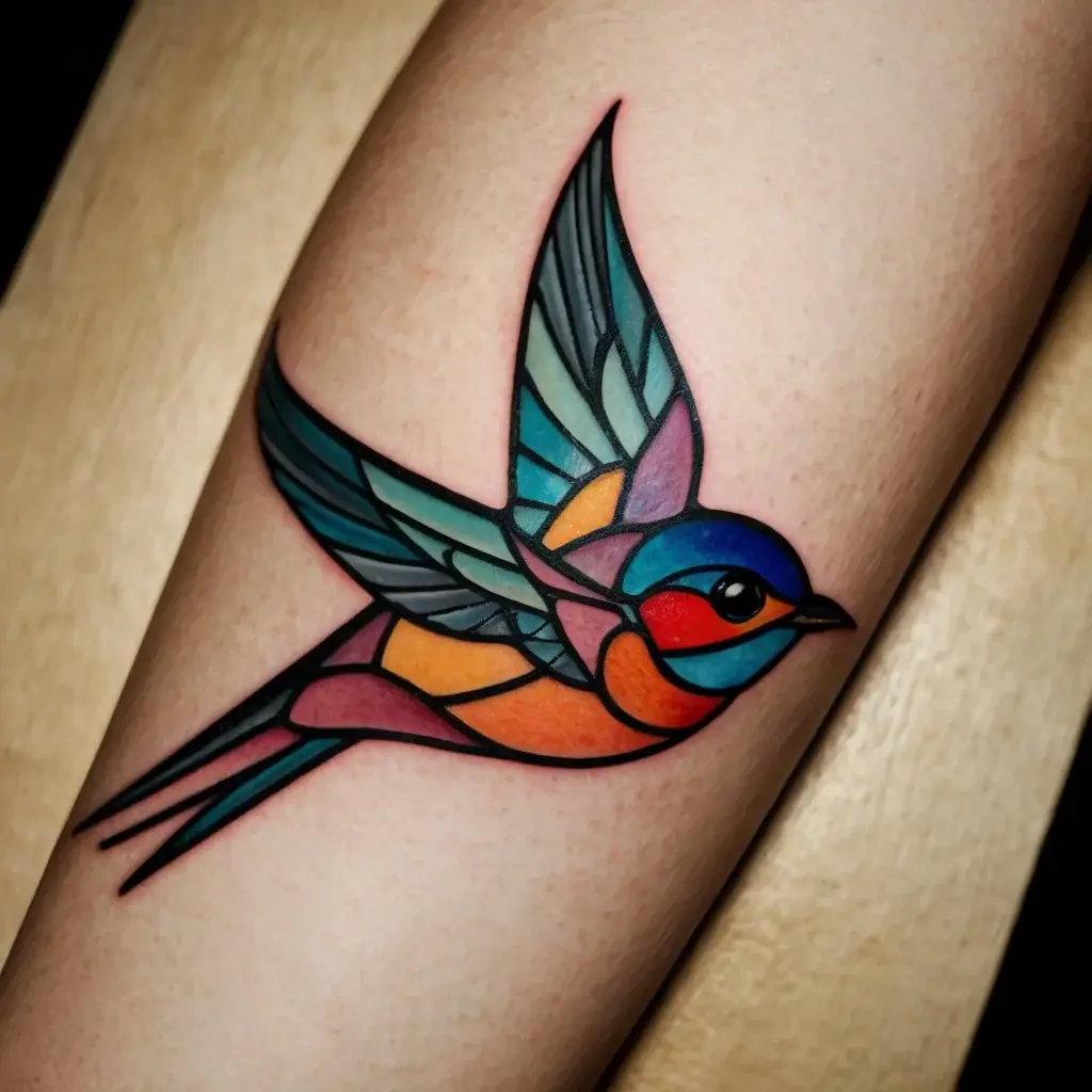 Colorful geometric swallow tattoo with bold black outlines on forearm, featuring blues, oranges, and reds.