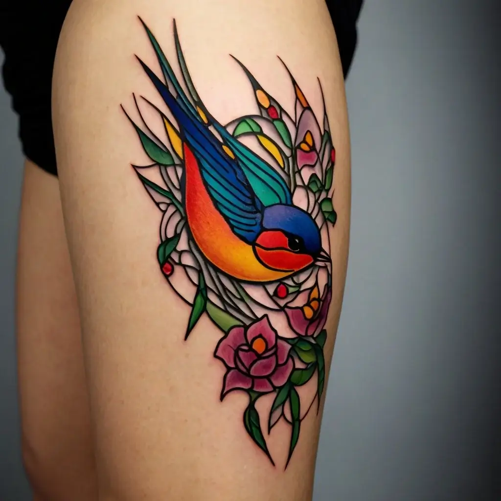 A vibrant tattoo of a colorful bird, featuring blue and yellow hues, surrounded by pink roses and stylized green leaves.