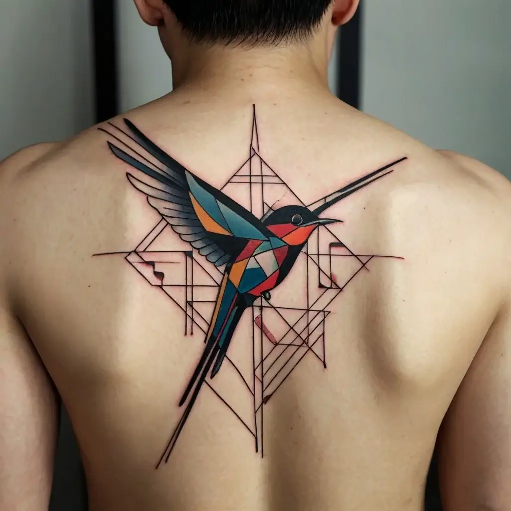 Geometric tattoo of a vibrant bird with angular shapes and colorful segments, set against intricate linear patterns.