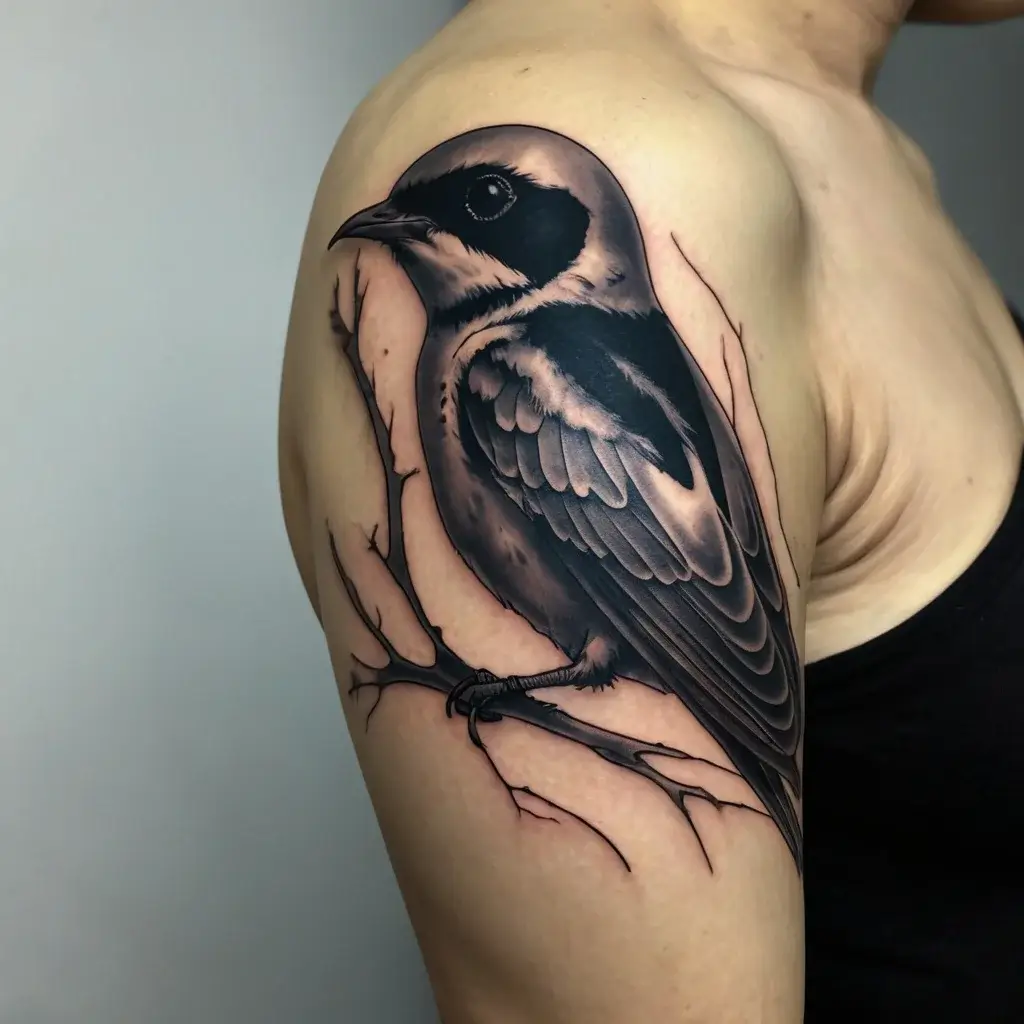 Realistic black and grey tattoo of a bird on a branch, detailed shading on feathers, on upper arm.