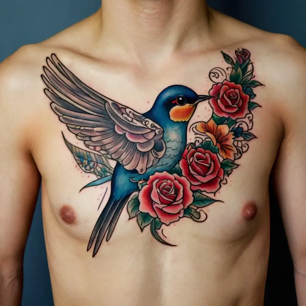 Colorful tattoo of a bluebird with detailed wings amid vibrant roses and lilies, spread across the chest.