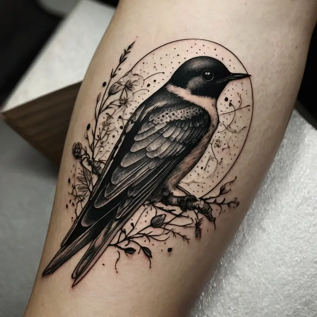 Detailed swallow tattoo on the arm, perched on a branch with floral accents, framed by a stippled circular background.