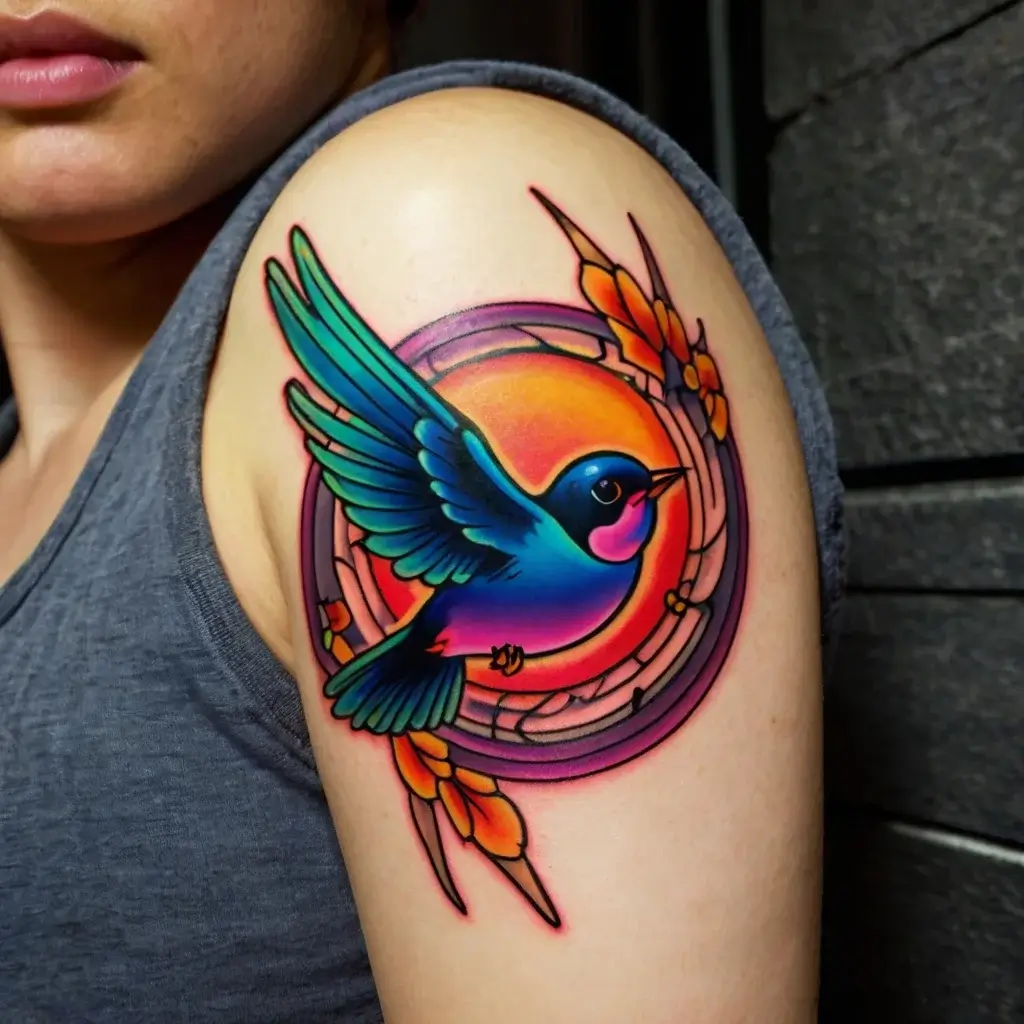 A vibrant blue bird in flight with dynamic orange and purple background, adorned with abstract geometric patterns and floral accents.