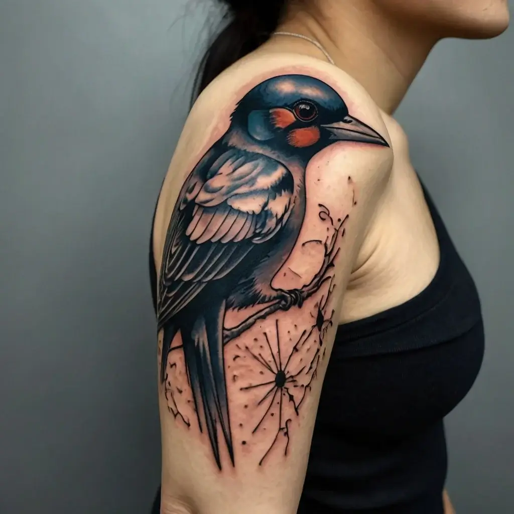 Tattoo of a detailed swallow with realistic shading, perched on a branch, accented by abstract ink splashes on shoulder.