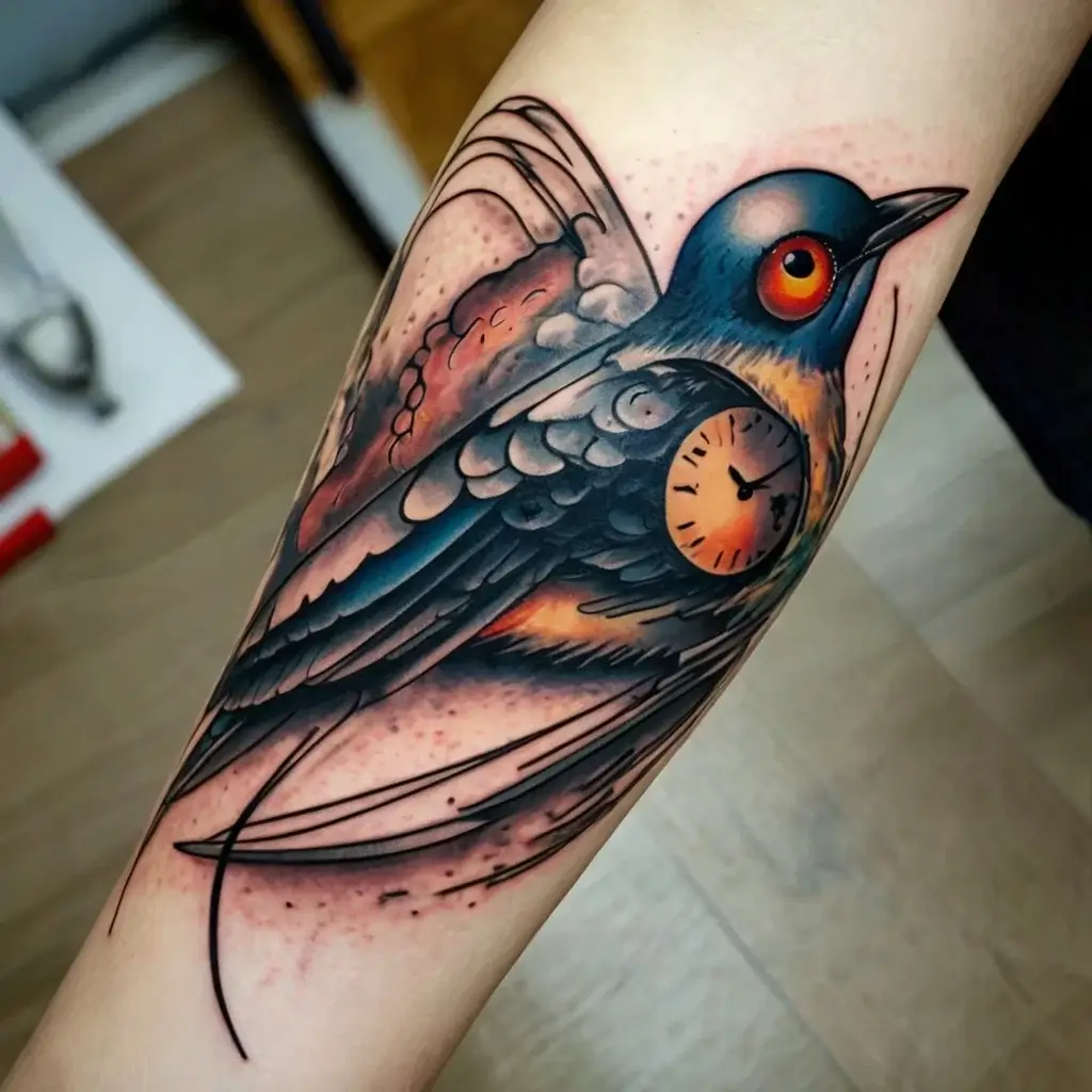 Tattoo of a stylized bird with vivid blues and oranges, featuring clock details on the body symbolizing time and freedom.