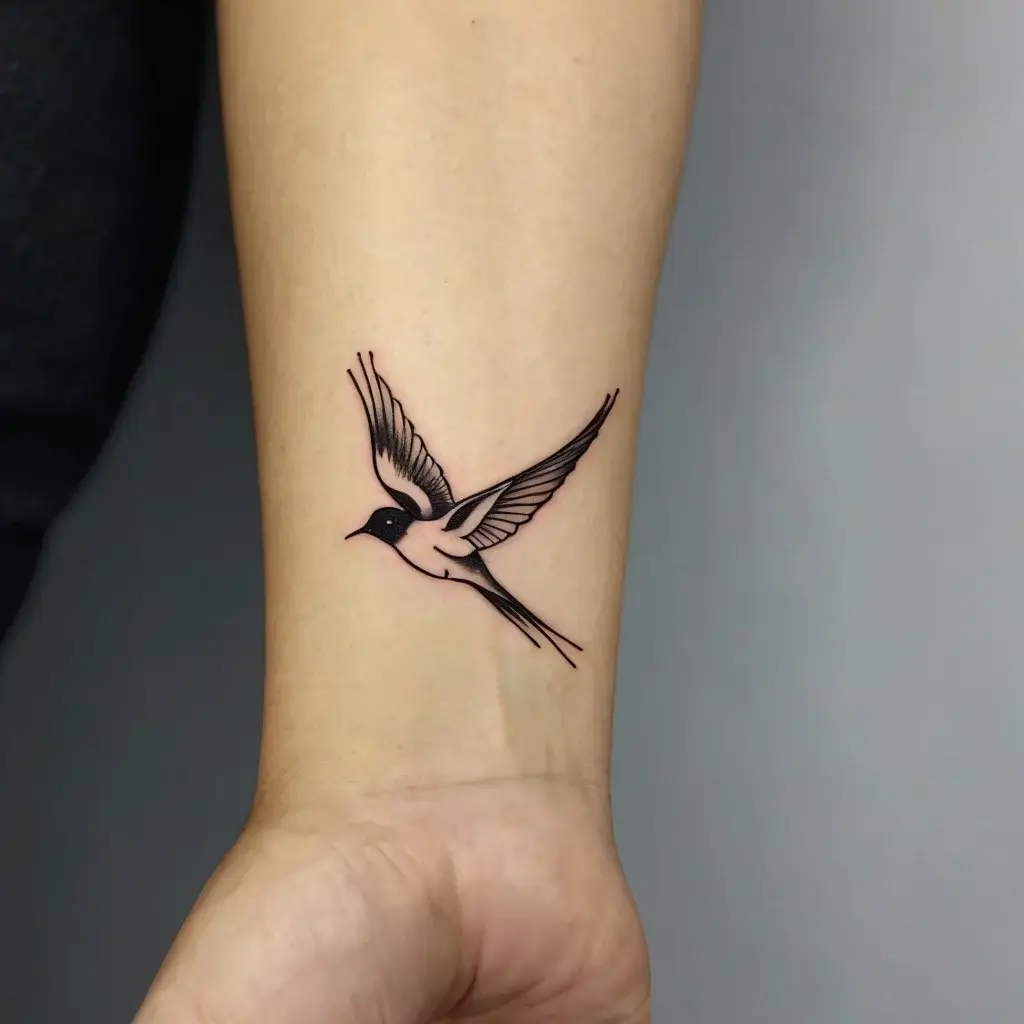 Minimalist swallow tattoo on the forearm, symbolizing freedom and hope, with clean lines and subtle shading.