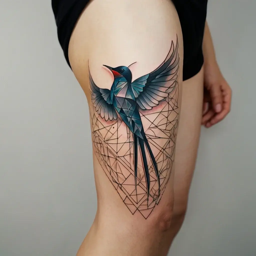 Geometric swallow tattoo on thigh, with blue and teal hues, overlaying abstract line patterns and pink background accents.