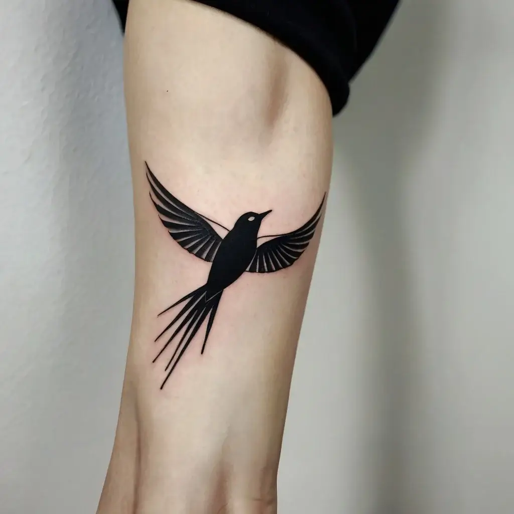 Minimalist swallow tattoo with bold black ink, featuring outstretched wings and elongated tail on the forearm.