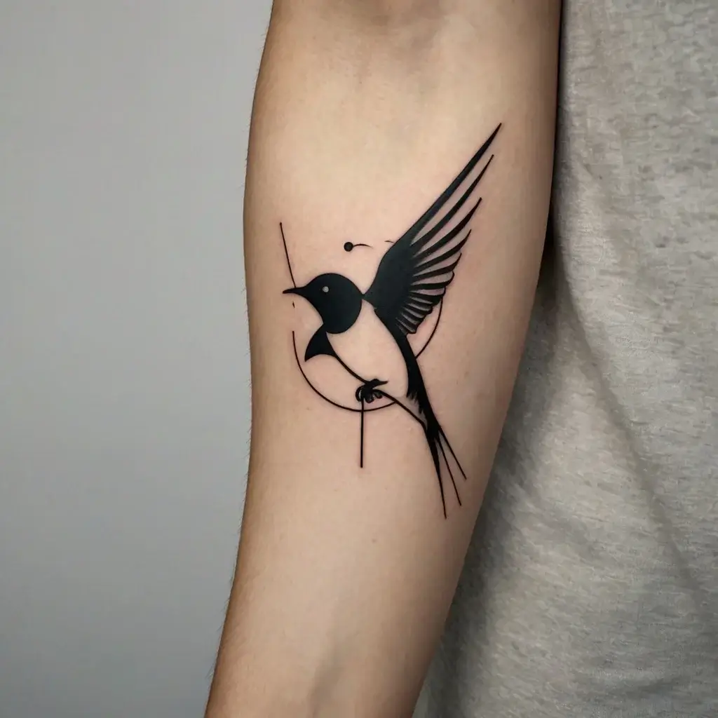 Geometric bird tattoo with bold black lines, long tail, and extended wings, featuring abstract circles and linear accents.